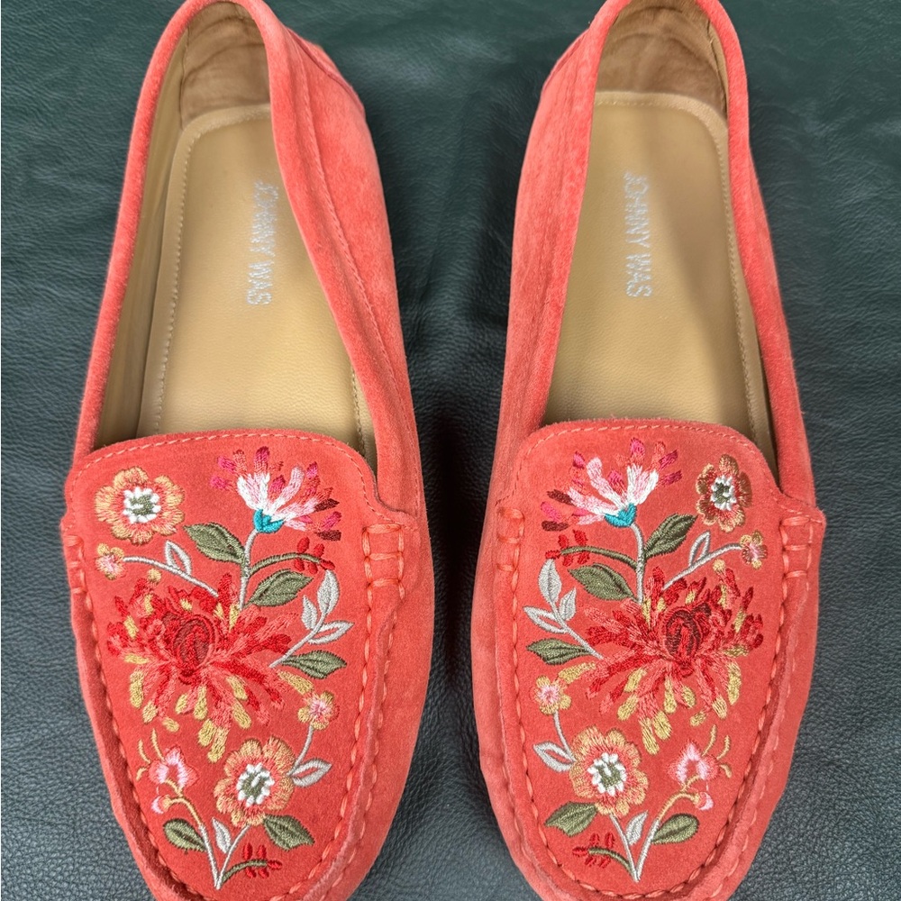 Johnny Was Suede Orange Embroidered Moccasin Flats